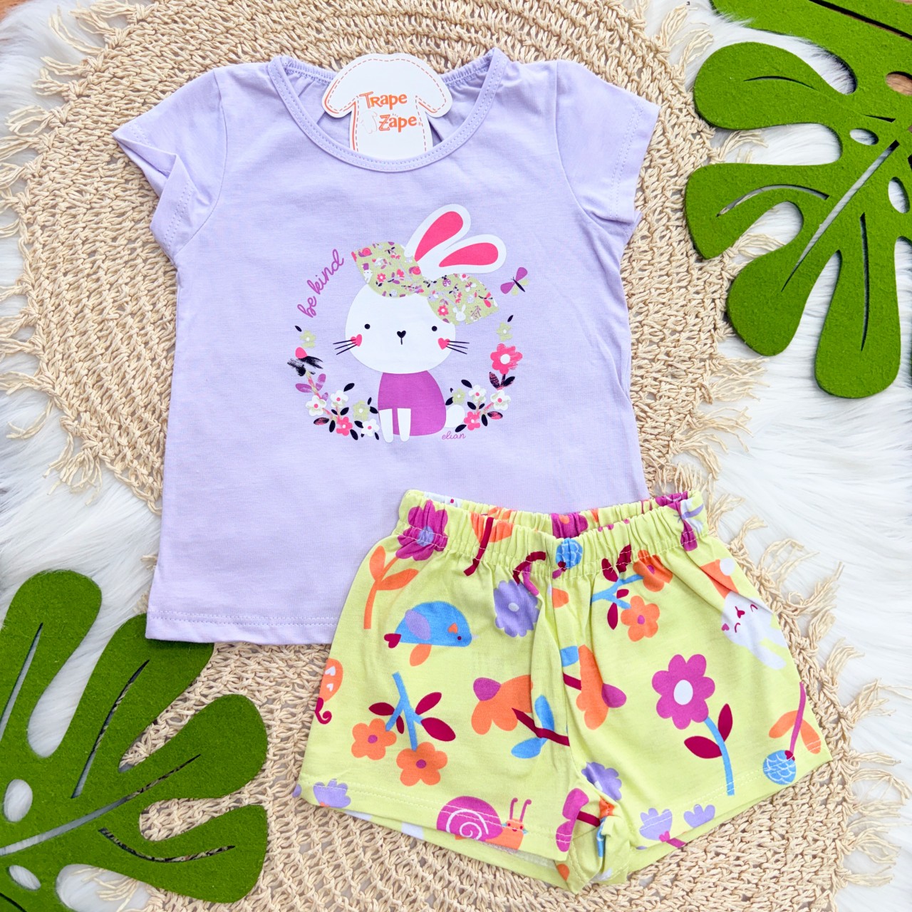 Conj. Blusa Coelhinha Be Kind e Short - Lilás e Verde